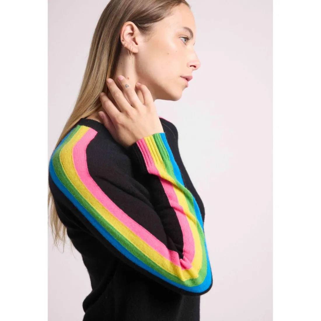 Pull col rond manches bandes arc en ciel SALSA en cachemire noir