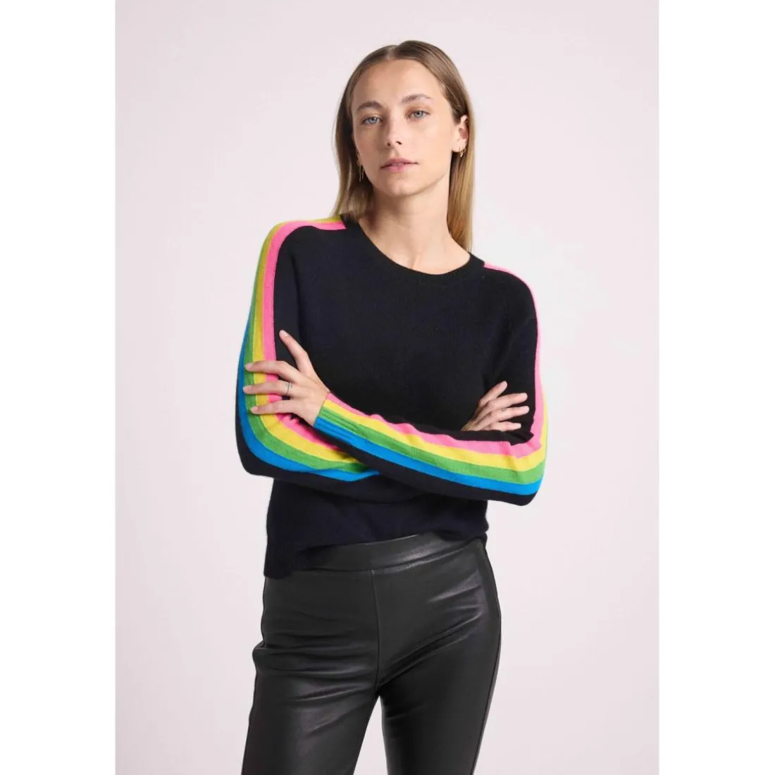 Pull col rond manches bandes arc en ciel SALSA en cachemire noir