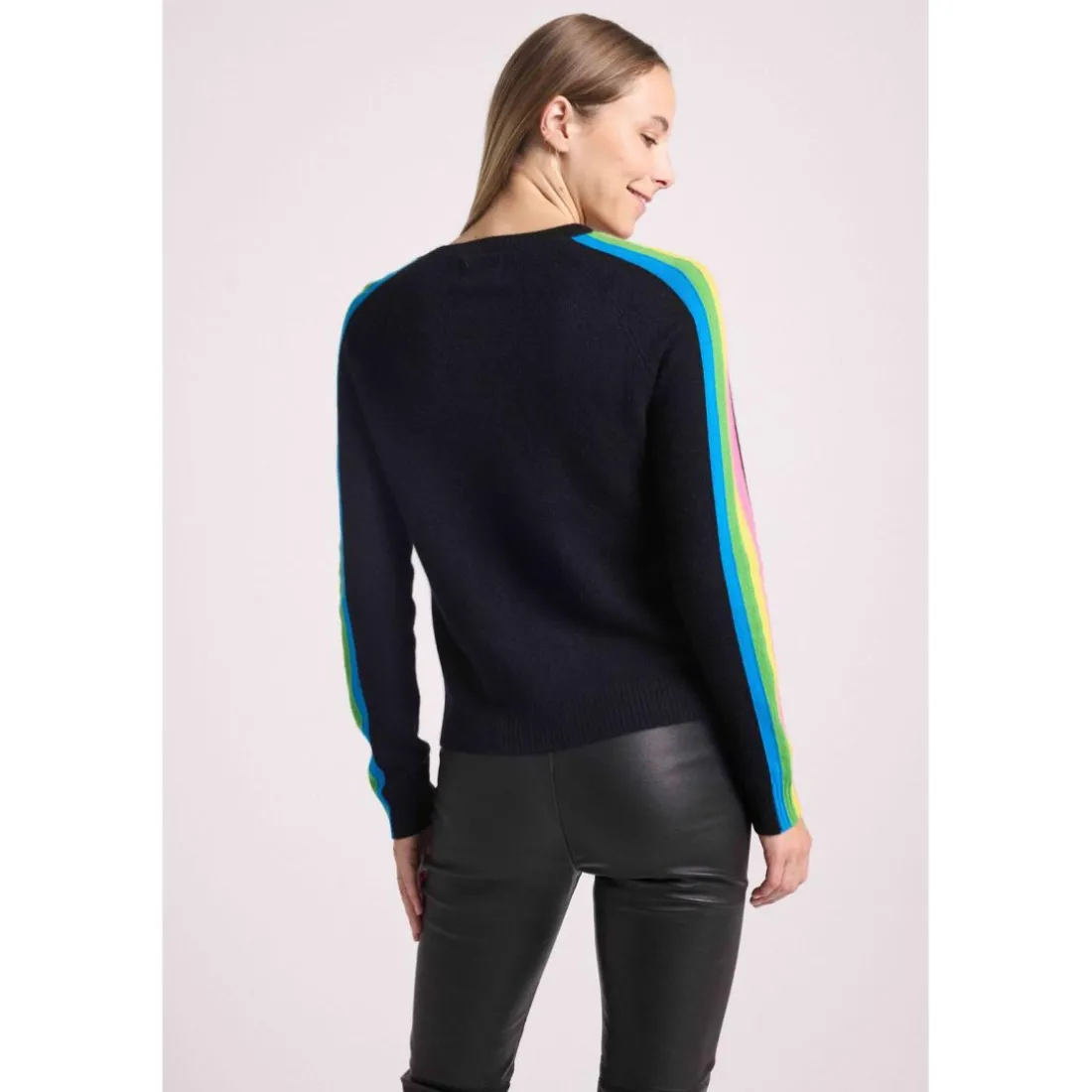 Pull col rond manches bandes arc en ciel SALSA en cachemire noir