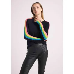 Pull col rond manches bandes arc en ciel SALSA en cachemire noir