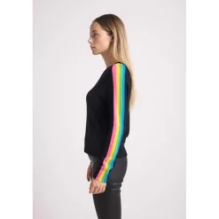 Pull col rond manches bandes arc en ciel SALSA en cachemire noir