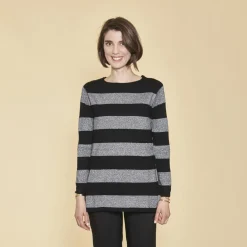 Pull col rond manches longues rayures avec lurex femme - rayé noir en viscose