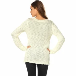Pull col rond manches longues croix en strass maille flammée femme AJC - Blanc