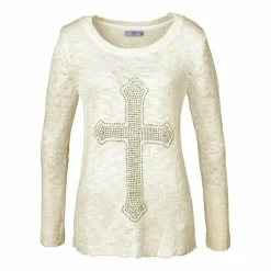Pull col rond manches longues croix en strass maille flammée femme AJC - Blanc