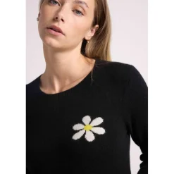 Pull col rond marguerite ROSE en cachemire noir