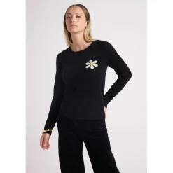 Pull col rond marguerite ROSE en cachemire noir