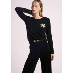 Pull col rond marguerite ROSE en cachemire noir