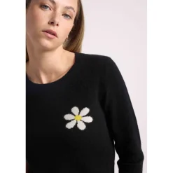Pull col rond marguerite ROSE en cachemire noir