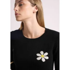 Pull col rond marguerite ROSE en cachemire noir