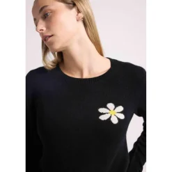 Pull col rond marguerite ROSE en cachemire noir