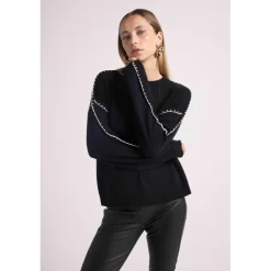 Pull col rond oversize surpiqures CLARISSE en cachemire noir et coutures blanches