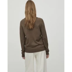 Pull col rond poignets côtelés marron en viscose Gail