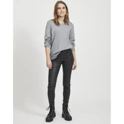 Pull col rond poignets côtelés gris en viscose Leah