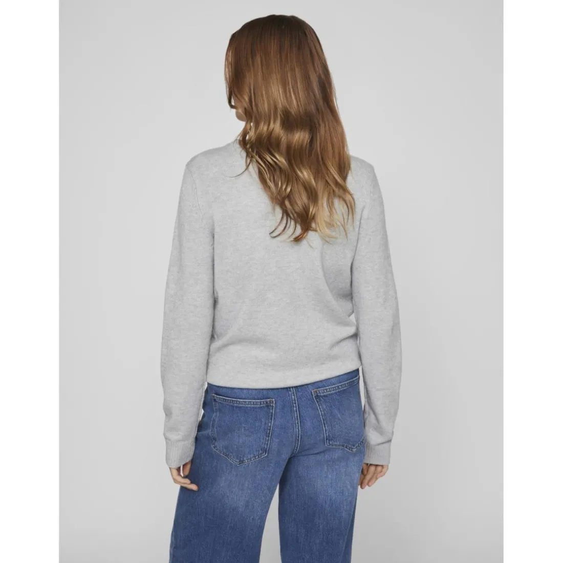 Pull col rond poignets côtelés gris en viscose