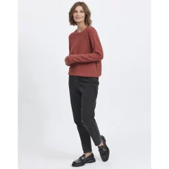 Pull col rond poignets côtelés chocolat en viscose