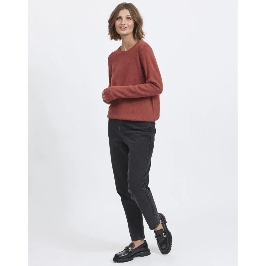 Pull col rond poignets côtelés chocolat en viscose