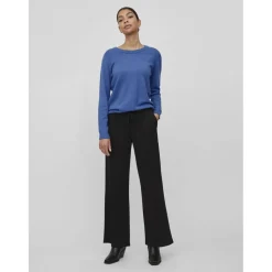 Pull col rond poignets côtelés bleu en viscose Eva