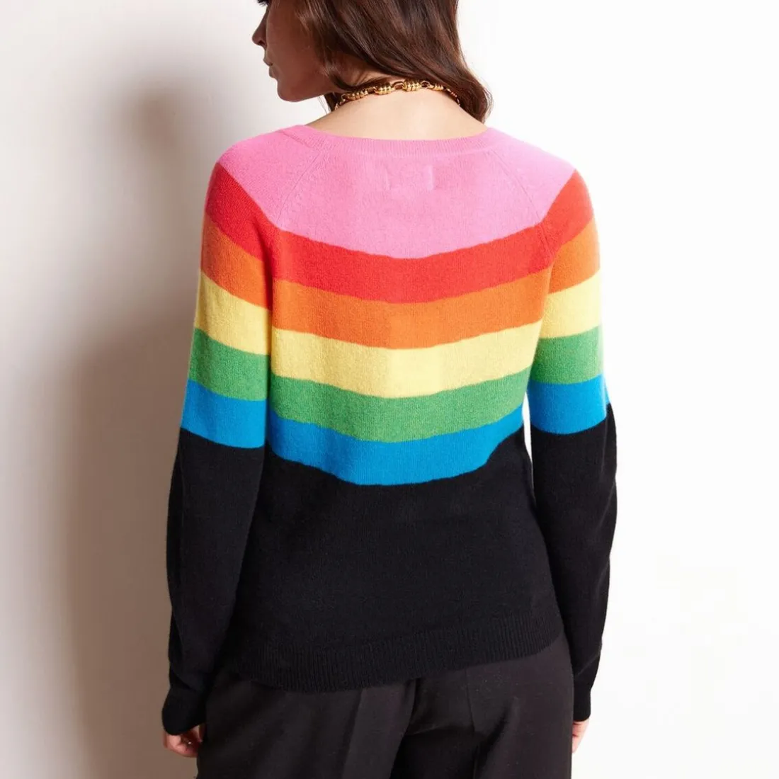 Pull col rond semi arc en ciel ZAIR en cachemire noir