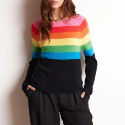 Pull col rond semi arc en ciel ZAIR en cachemire noir