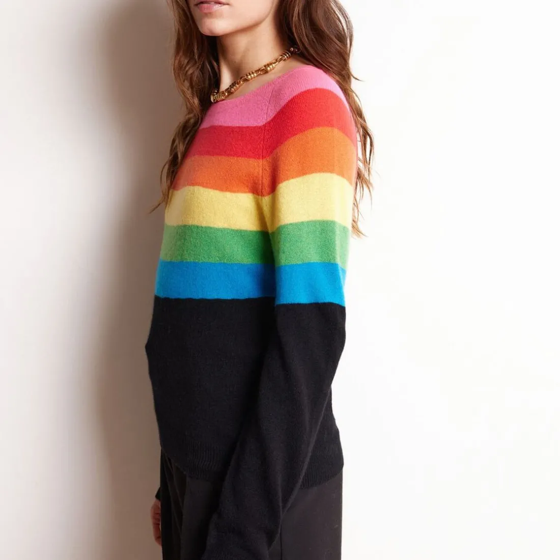 Pull col rond semi arc en ciel ZAIR en cachemire noir