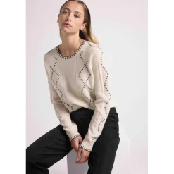 Pull col rond torsades et surpiqures BARBARA en cachemire blanc et coutures noires