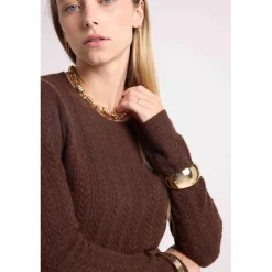 Pull col rond torsades MILENA en cachemire chocolat