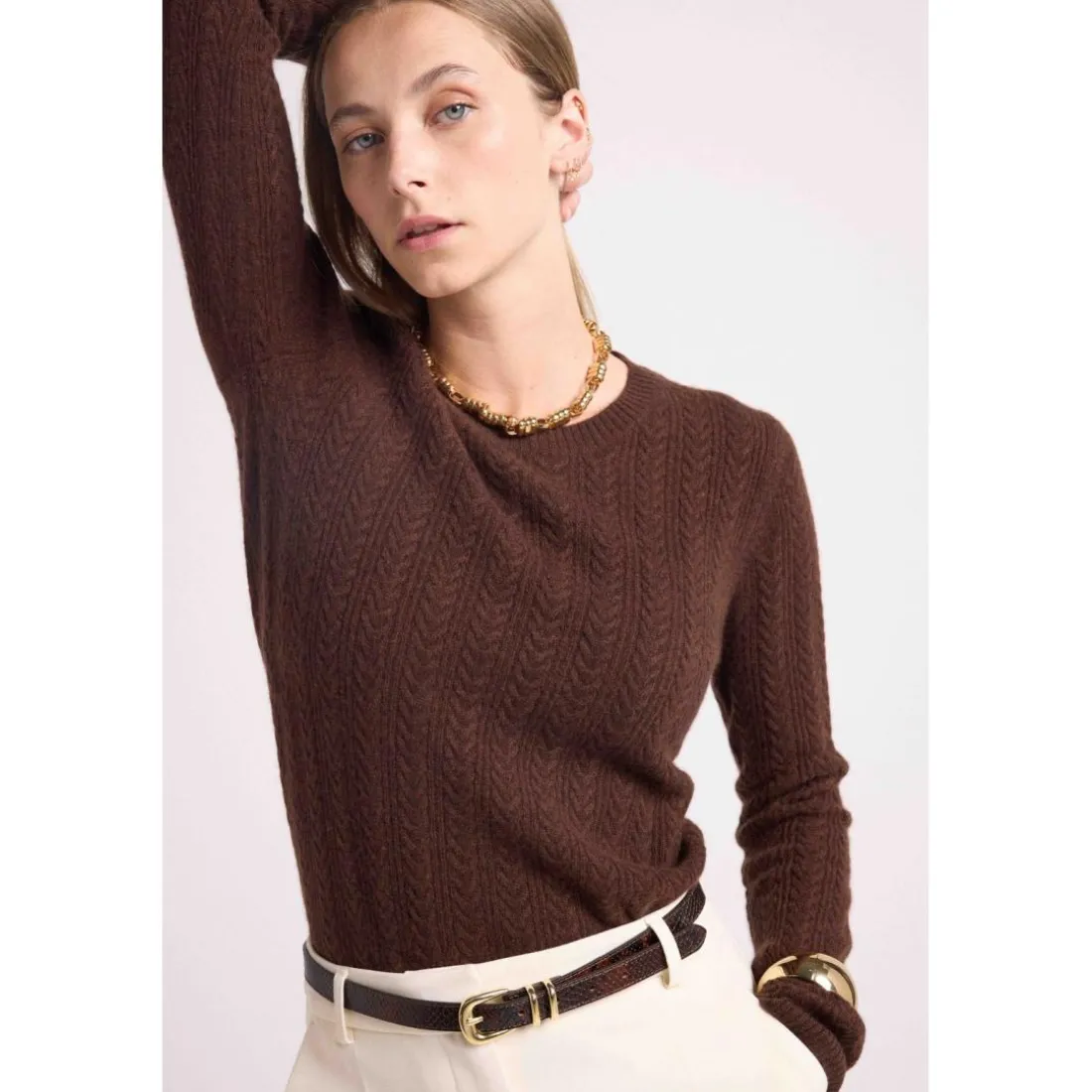 Pull col rond torsades MILENA en cachemire chocolat