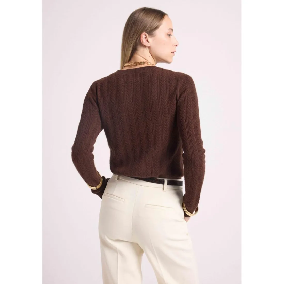 Pull col rond torsades MILENA en cachemire chocolat