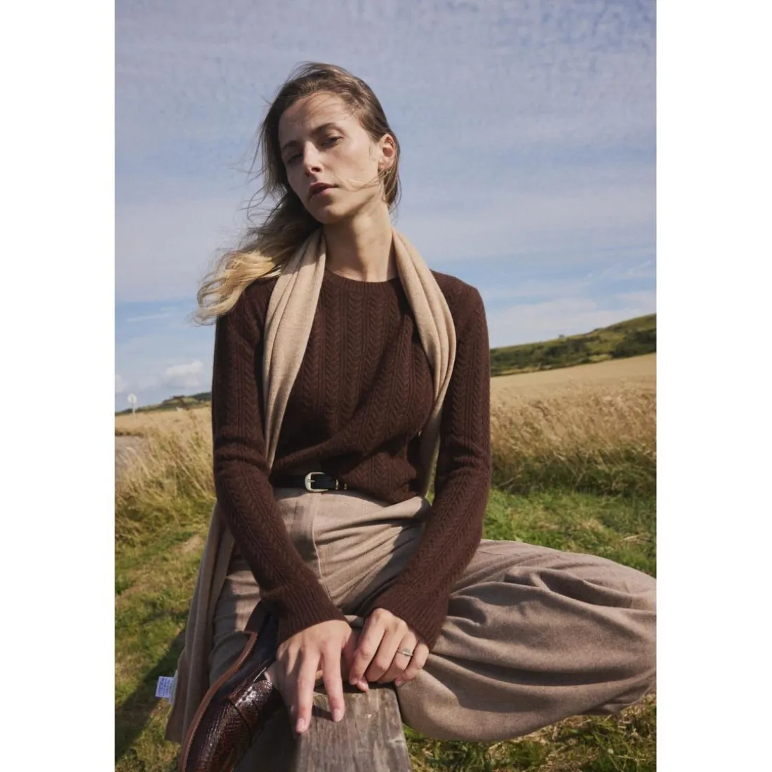 Pull col rond torsades MILENA en cachemire chocolat