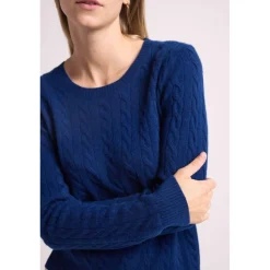 Pull col rond torsades RAPHAELLE en cachemire bleu marine