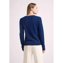 Pull col rond torsades RAPHAELLE en cachemire bleu marine