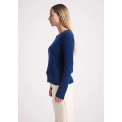 Pull col rond torsades RAPHAELLE en cachemire bleu marine