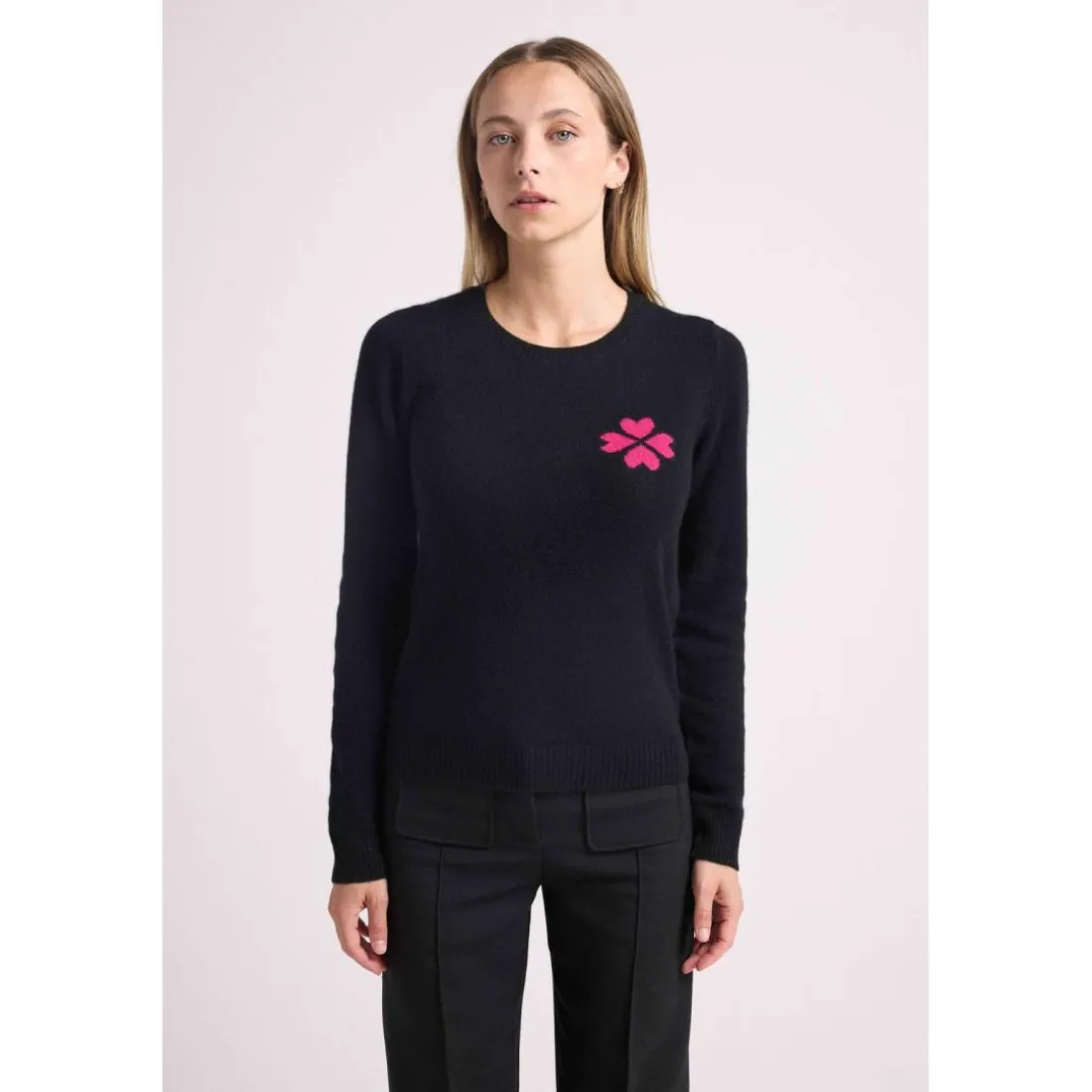 Pull col rond trefle en cœurs LUCKY en cachemire noir