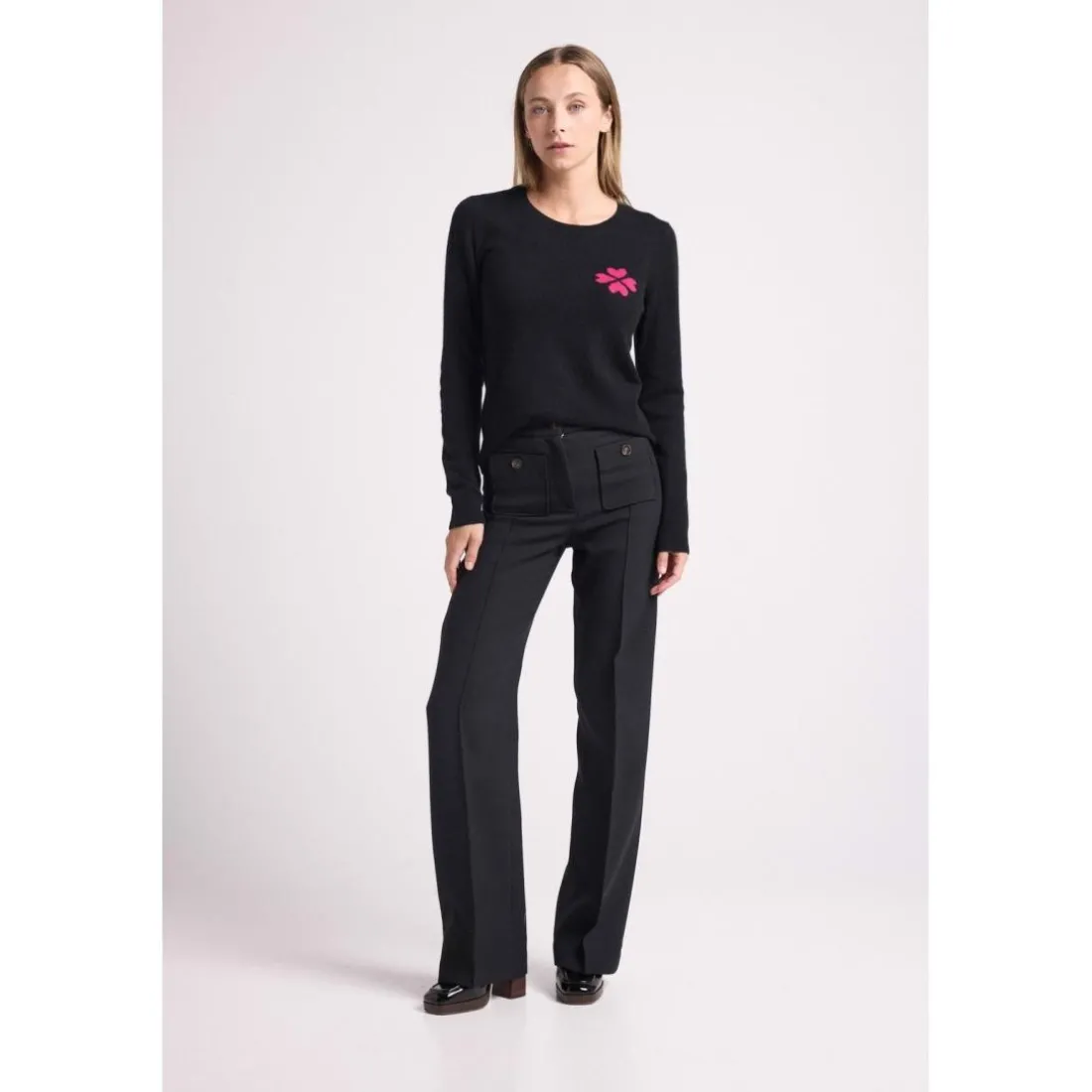 Pull col rond trefle en cœurs LUCKY en cachemire noir