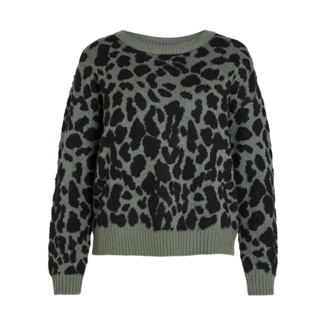 Pull col rond vert imprimé léopard en viscose