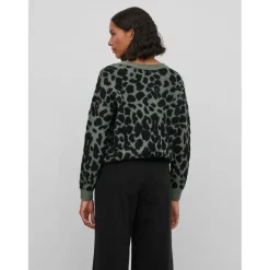 Pull col rond vert imprimé léopard en viscose