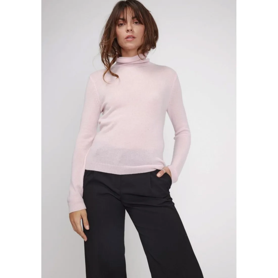 Pull col roule femme ZOE en cachemire rose perle