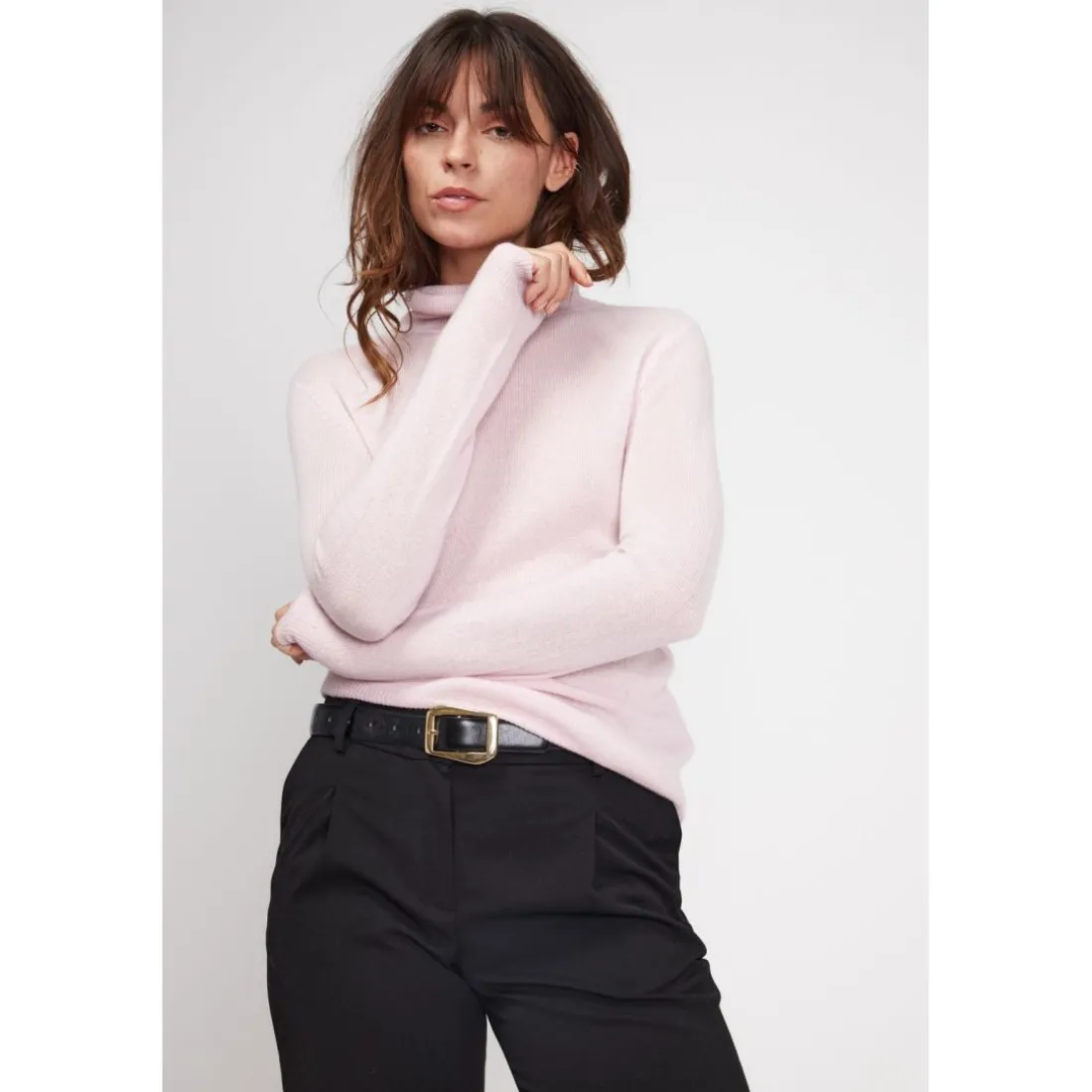 Pull col roule femme ZOE en cachemire rose perle