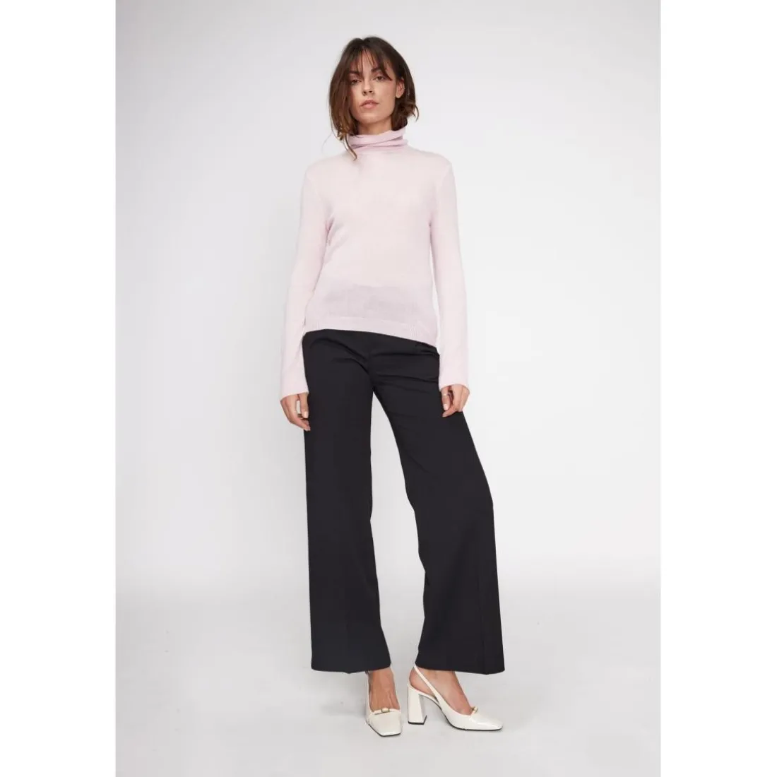 Pull col roule femme ZOE en cachemire rose perle