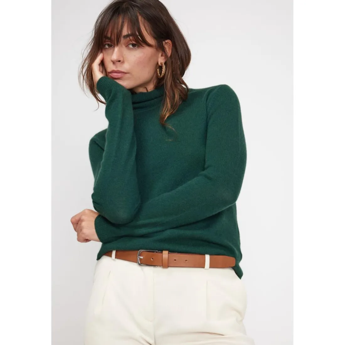Pull col roule femme ZOE en cachemire vert sapin