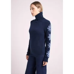 Pull col roule flocons FLOCON en cachemire bleu marine et flocon bleu ciel