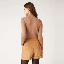 Pull col roule maille fantaisie beige en viscose