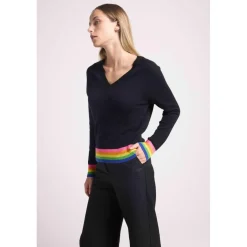 Pull col V arc en ciel rib ZORA en cachemire noir