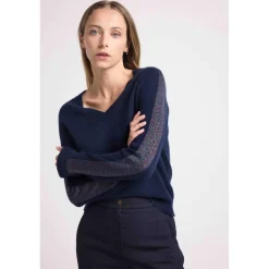 Pull col V bandes lurex multicolor COLETTE en cachemire bleu marine et lurex multicolor