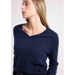 Pull col V bandes lurex multicolor COLETTE en cachemire bleu marine et lurex multicolor