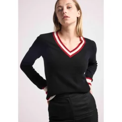 Pull col V cricket college LEONIE en cachemire noir et rib rouge et blanc