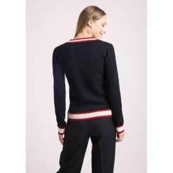 Pull col V cricket college LEONIE en cachemire noir et rib rouge et blanc