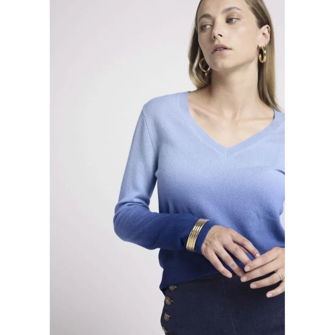 Pull col V dip dye ZIP ZIE en cachemire bleu
