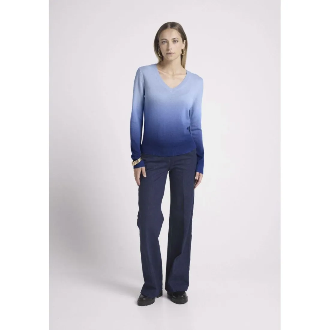 Pull col V dip dye ZIP ZIE en cachemire bleu