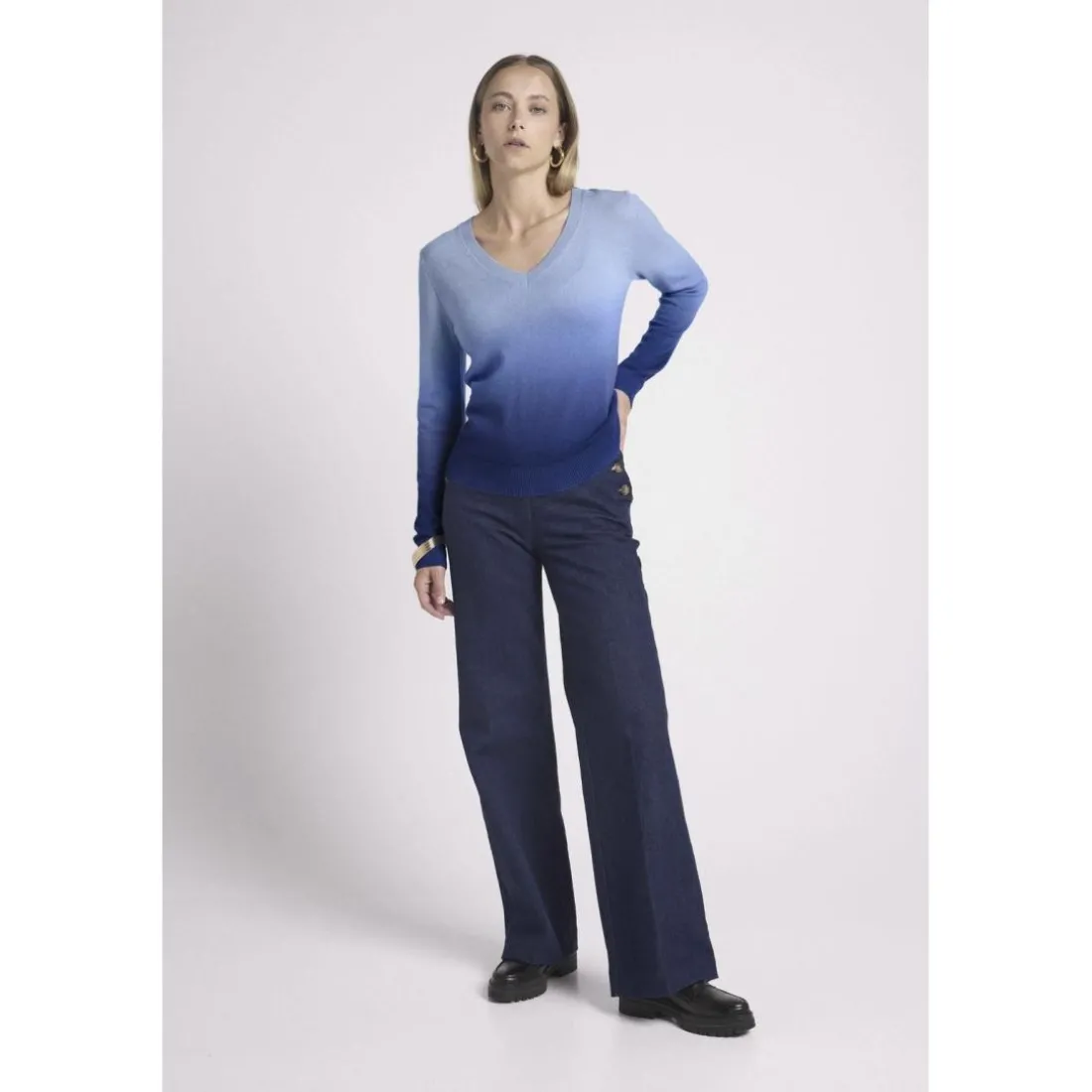 Pull col V dip dye ZIP ZIE en cachemire bleu